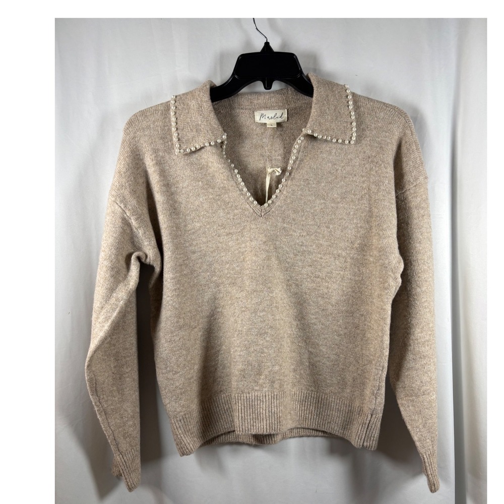Marled Womens Pearl Embellished Collar V-Neck Sweater Tan Oatmeal Large